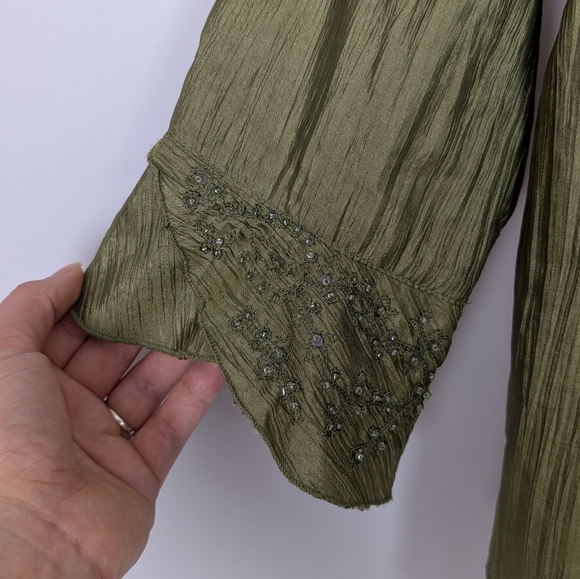 April Cornell Blouse XS Olive Green Crinkle Beaded Embroidered Boho Cottagecore - Picture 6 of 8